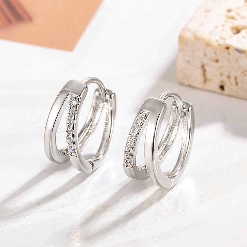1Pair Exquisite Simple Geometric Double Circle Crossing Shiny Zircon Hoop Earrings for Men Women Party Jewelry Accessories