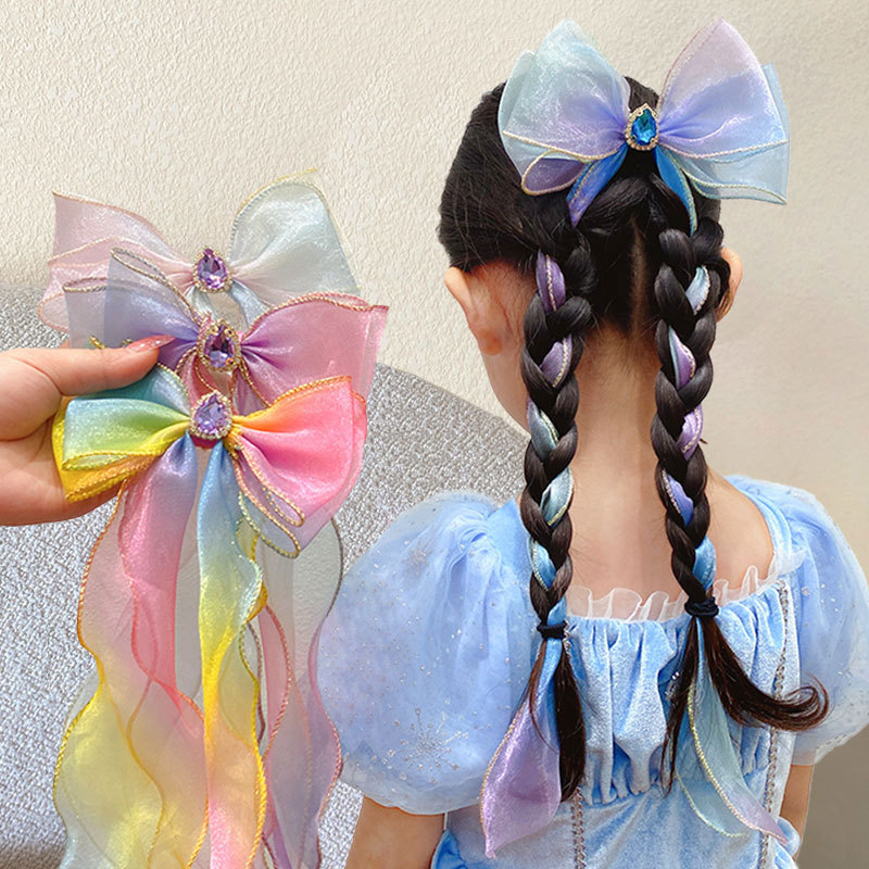 Girls Cute Elegant Mesh Bow Ribbon Hair Clip With Faux Pearl Tassel Crystal Decoration Colorful Chiffon Headwear For Party Kids