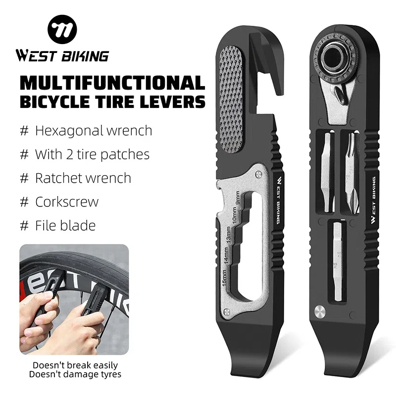 WEST BIKING Bicycle Wrench Set Multifunctional Portable Bicycle Tire Lever Ratchet Wrench Kit Tire Prying Rod Bike Repair Tools