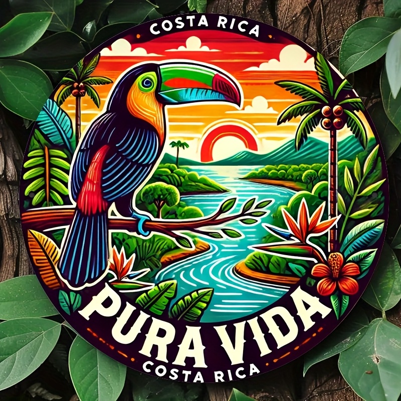 [2D Flat] Room Decor 1pc Costa Rica Toucan Sunset Scenery - Vibrant 7.8" Round Aluminum Wall Art, Tropical Bird & Nature Design,