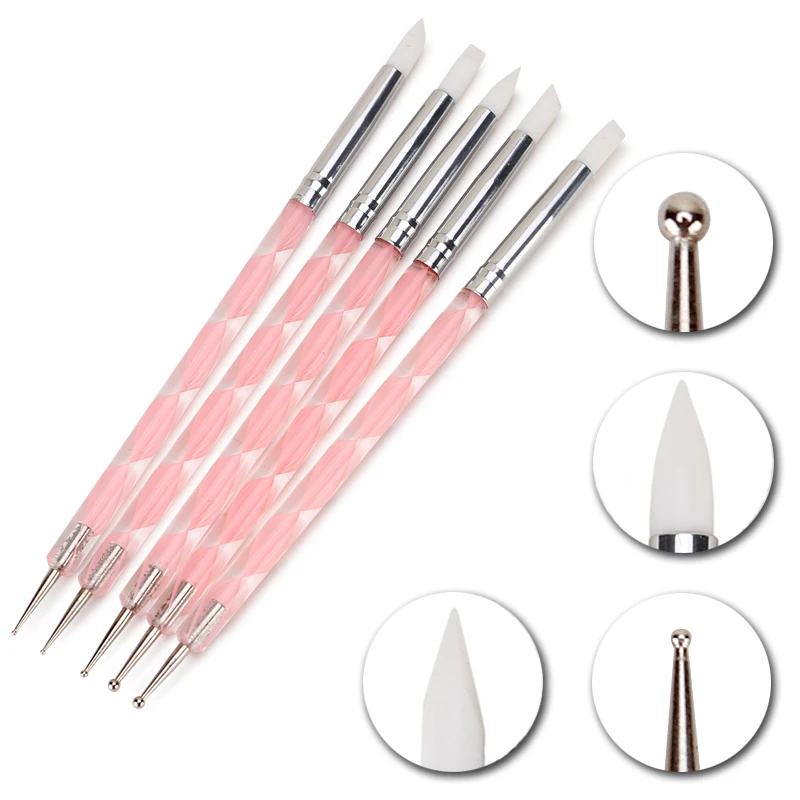 5Pcs 2 Way Nail Art Acrylic Silicone Point Flower Nail Pen Stainless Steel Dotting Tools Marbleizing Painting Pens pen gpt