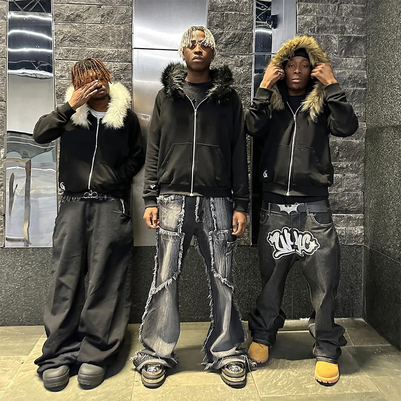 2025 Autumn/Winter New Y2k Sweatshirts Harajuku Artificial Fur Collar Hoodie Clothing Pattern Hip Hop Punk Gothic Zipper Hoodie