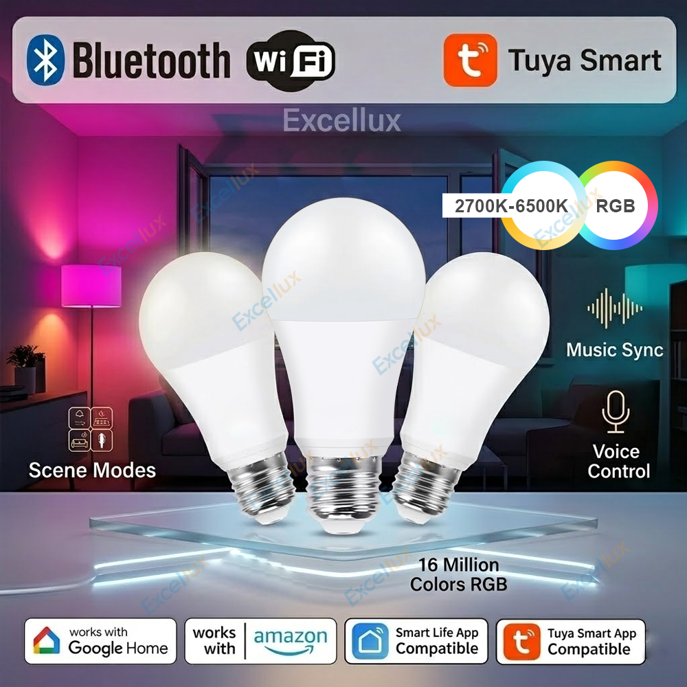 Tuya E27 Led Lamp App Control Bluetooth /WiFi Led Light Bulbs 15W RGB CW WW Smart Bulb Works With Alexa Assistant