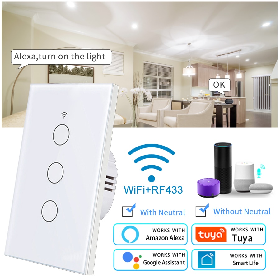 1 2 3 4 Gang WiFi RF 433mhz Touch Wall Light Smart Wireless with Switch 220V no Neutral EU Work With Tuya Alexa