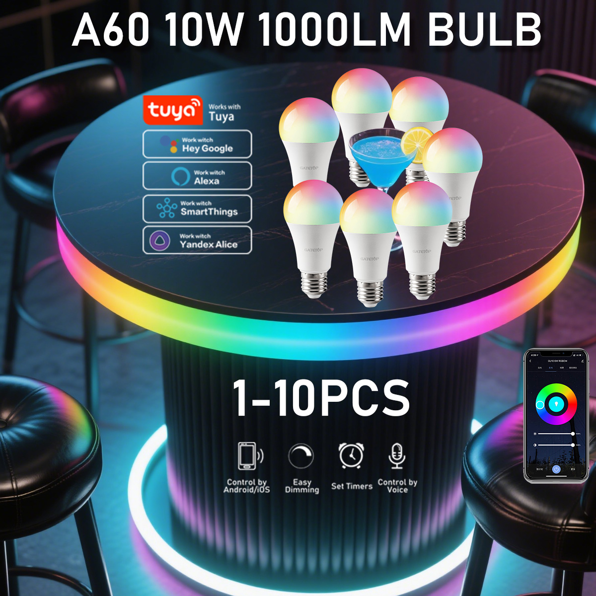 1-10PCS E27 Bulb Tuya Bluetooth WIFI Dimmable Light 10W LED Lamp 2700-6500k RGB Smart Life APP Voice with Alexa Home
