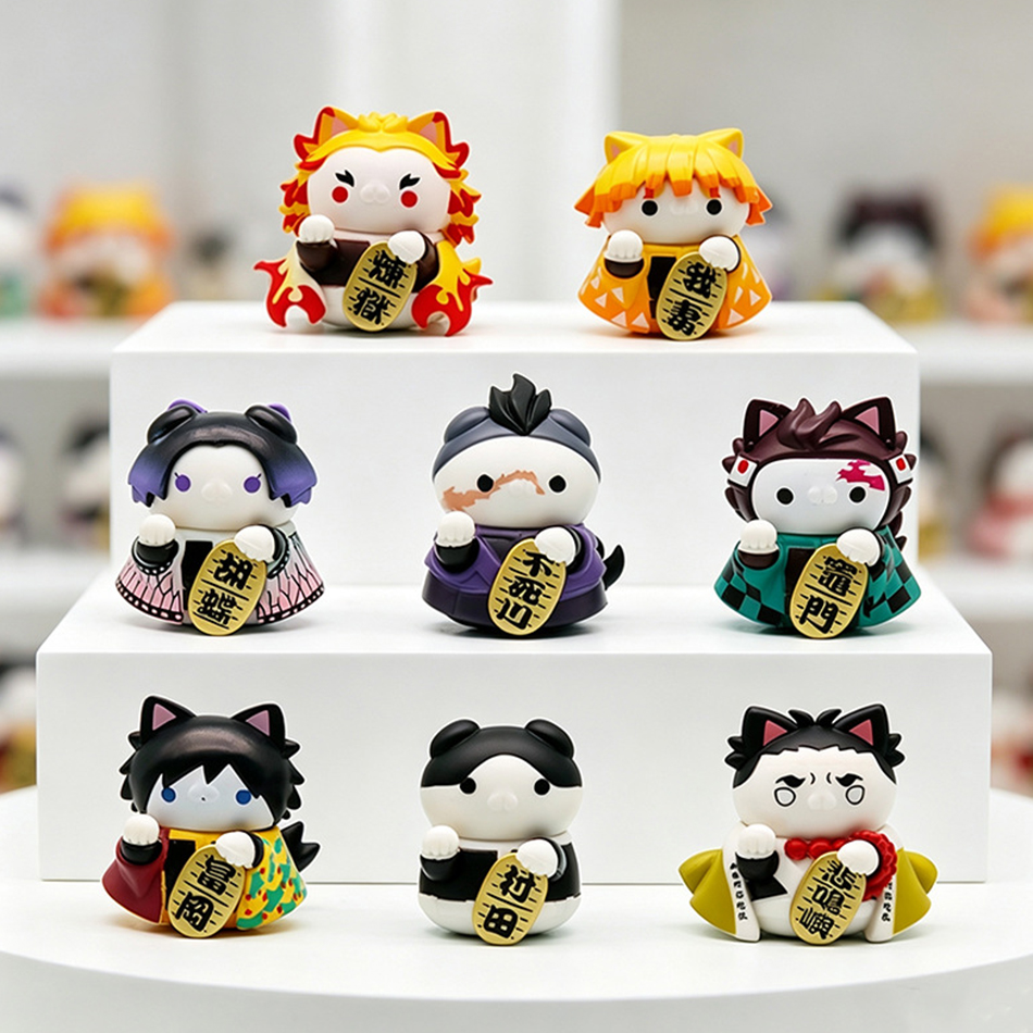 New Toys 8P/Set Anime Demon Slayer Figure Nezuko Tanjirou Zenitsu Inosuke Mini Figurine Kawaii Zhaocai Cat Series PVC Model Doll