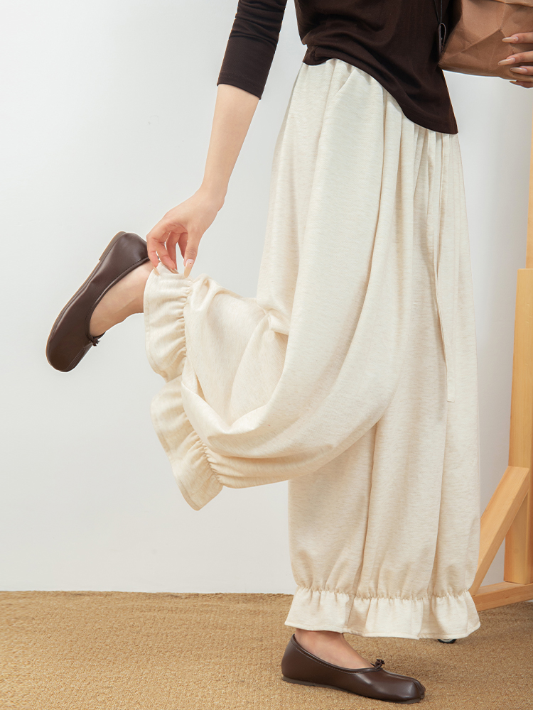 New Women's High Waist Wide Leg Cropped Pants, Retro Loose Lantern Pants, Spring Autumn Sweet Ruffled Casual Trousers.