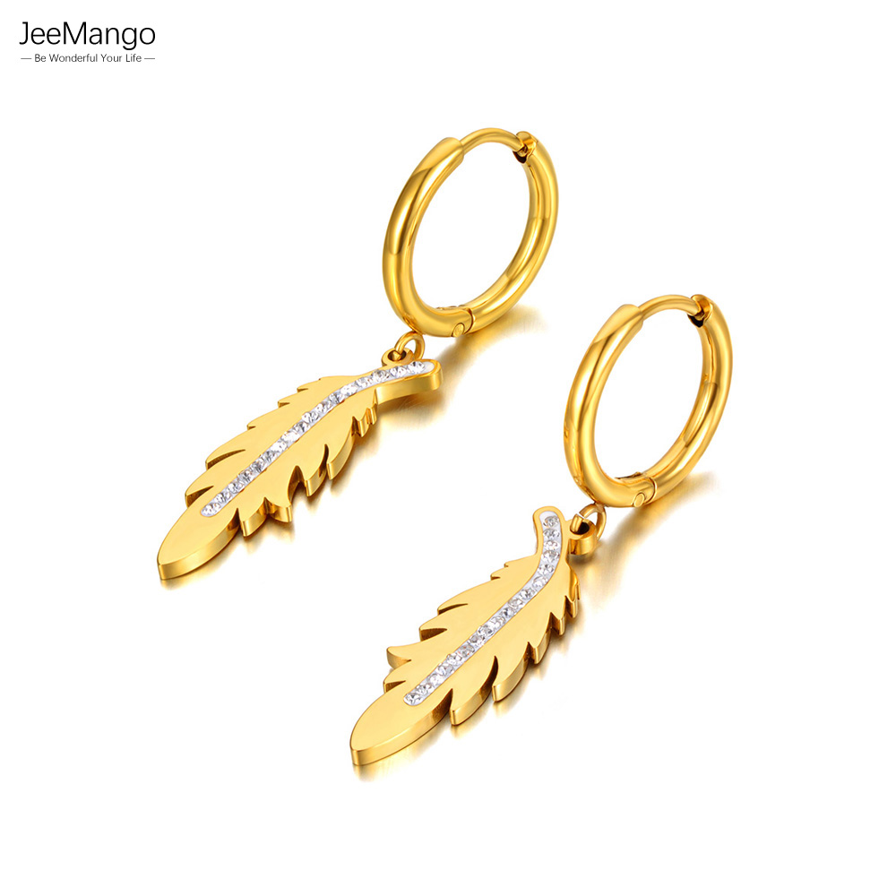 JeeMango Fashion Stainless Steel Rhinestone Hoop Earrings 18K Gold Plated Feather Earring For Women Серьги Pendientes JE22030 pen gpt