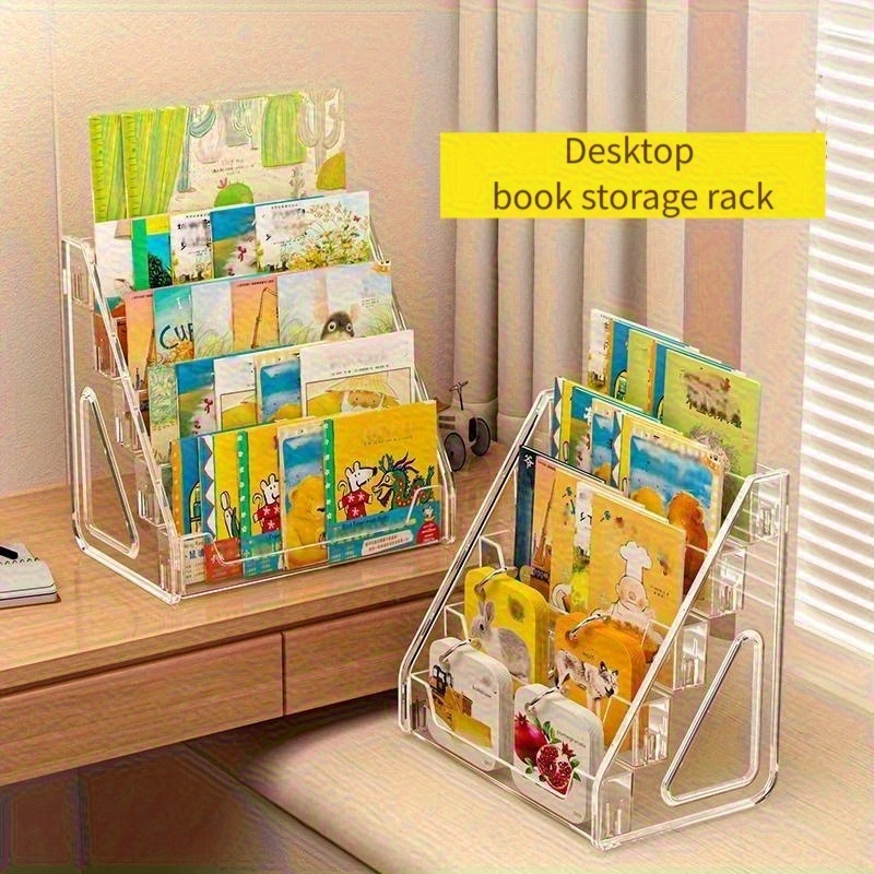 3/5-Tier Acrylic Book Stand Organizer - Modern Desktop Storage for Magazines, Books & Journals, Durable Plastic Tiered Shelf