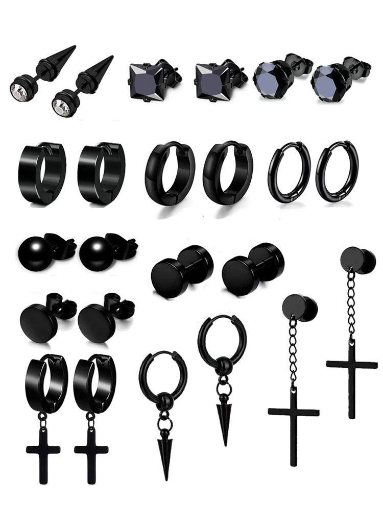 12/1 Pair Stainless Steel Cross Dangle Hoop Earrings Kit Fashion CZ Stud Piercing Jewelry Set for Men and Women Black Silver