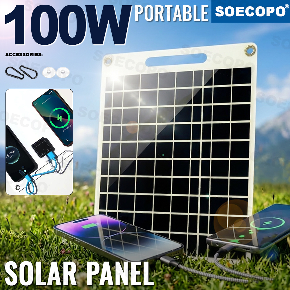 100W Fast Portable Solar Panel Charger High-Efficiency Sun Power with 2 USB Ports Waterproof for Outdoor Adventures for Phone