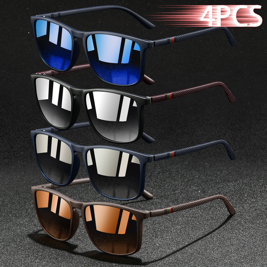 4PCS Fashion Vintage Check Square Sunglasses Men Women Trendy Daily Casual Vacation Beach Designer Colorful Stripe Sun Glasses
