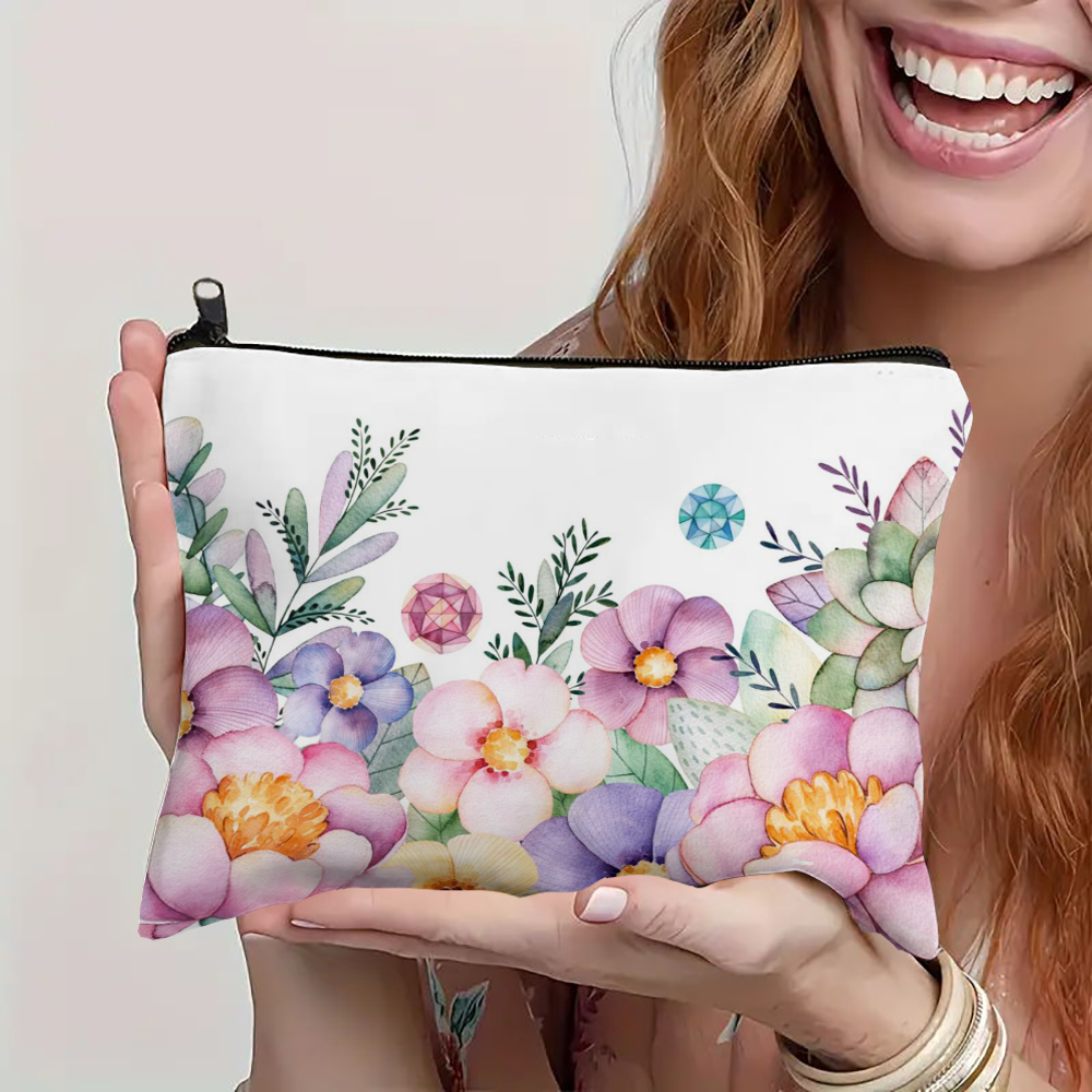 1pc Floral Patterned Makeup Bag Printing Cosmetic Bag Foldable Lightweight Zipper Closure Makeup Bag for Women and Girls