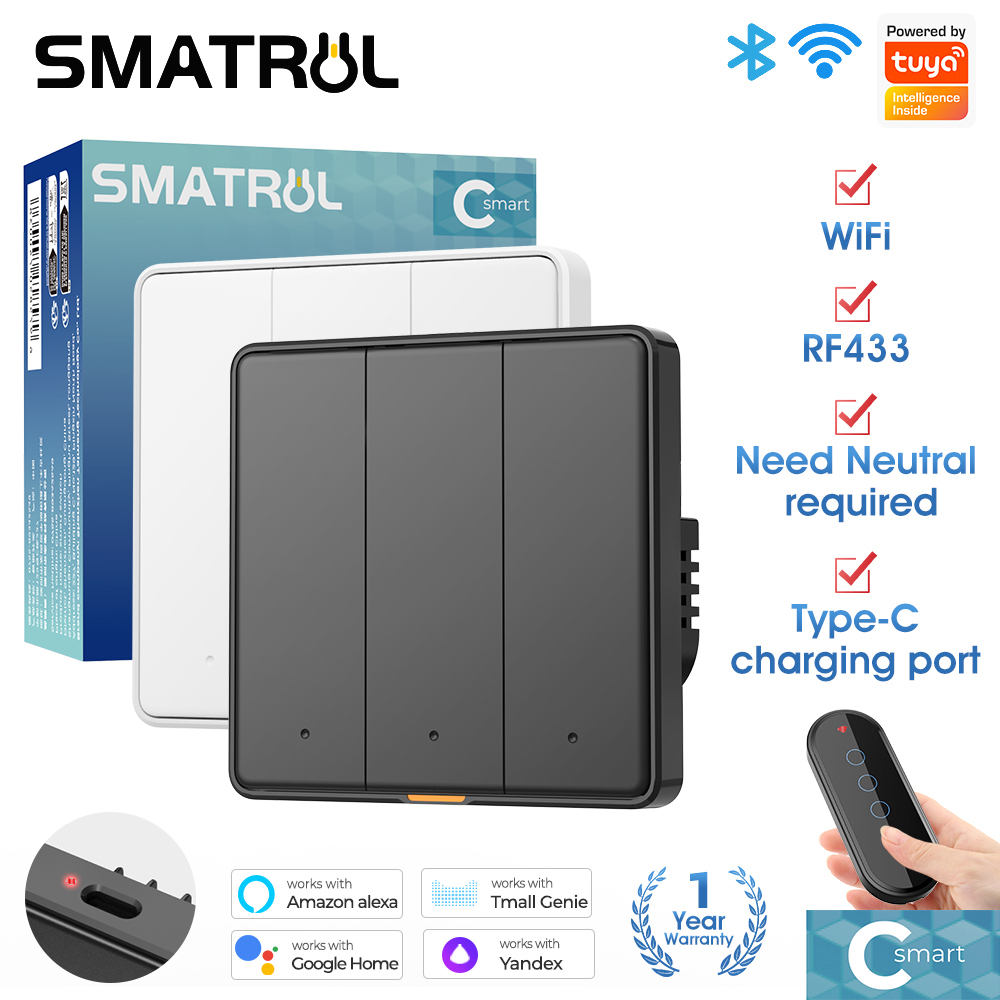 SMATRUL Tuya Smart Home WiFi RF433 EU Wall Light Touch Switch No Neutral Wire 110-240V Timing Voice App For Alexa, Home