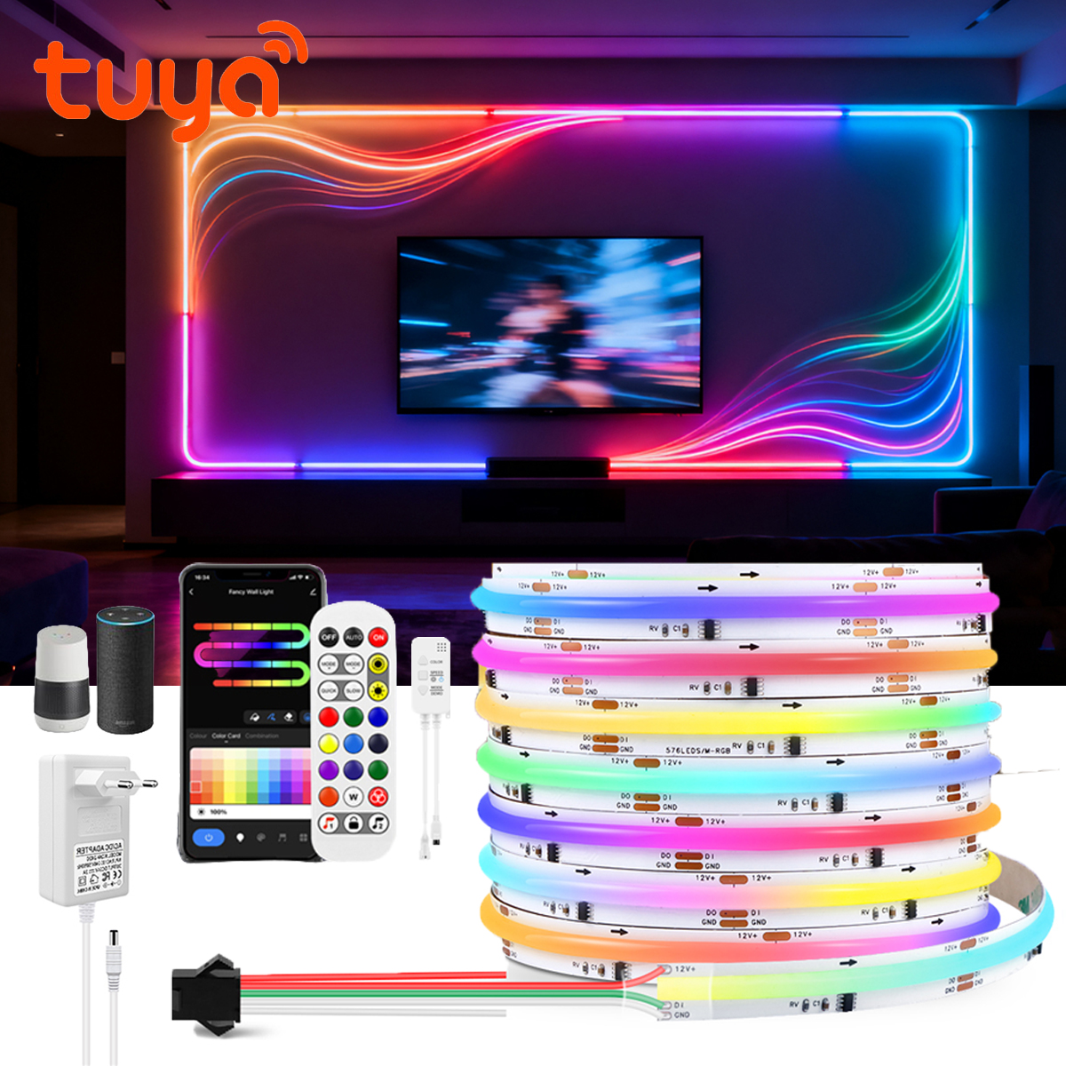 12V Smart Tuya WIFI Light COB RGBIC LED Strip Ambinet Decor Dream Color Flow Water Addressable Immersive Gaming Atmosphere Light lightify