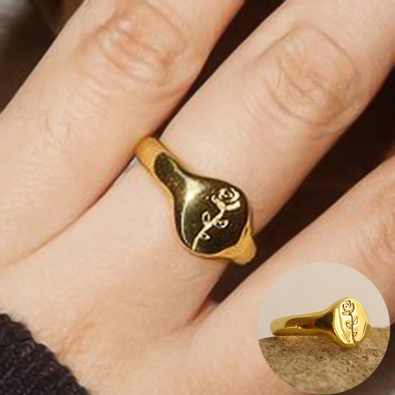 Huitan Vintage Rose Rings Oval Shaped Gold Color Finger Accessories Metalllic Temperament Elegant Female Rings Versatile Jewelry
