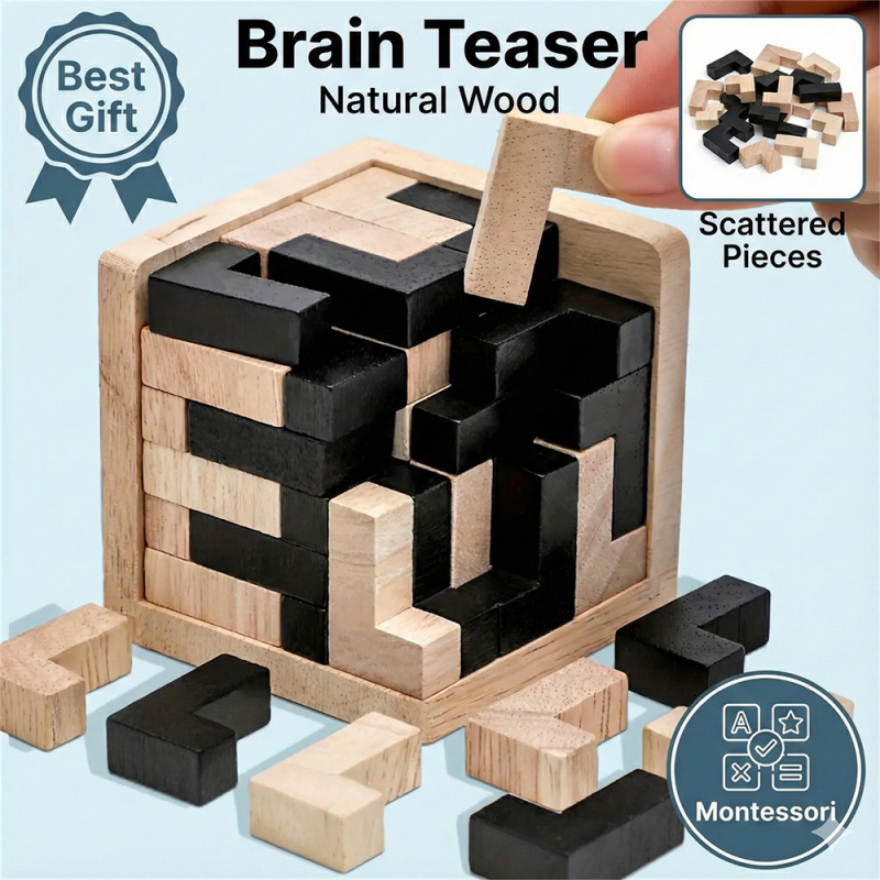 Wooden 3D Puzzle Cube Luban Lock Brain Teaser Toy Montessori Educational Interlocking Game For Kids Adults STEM Logic