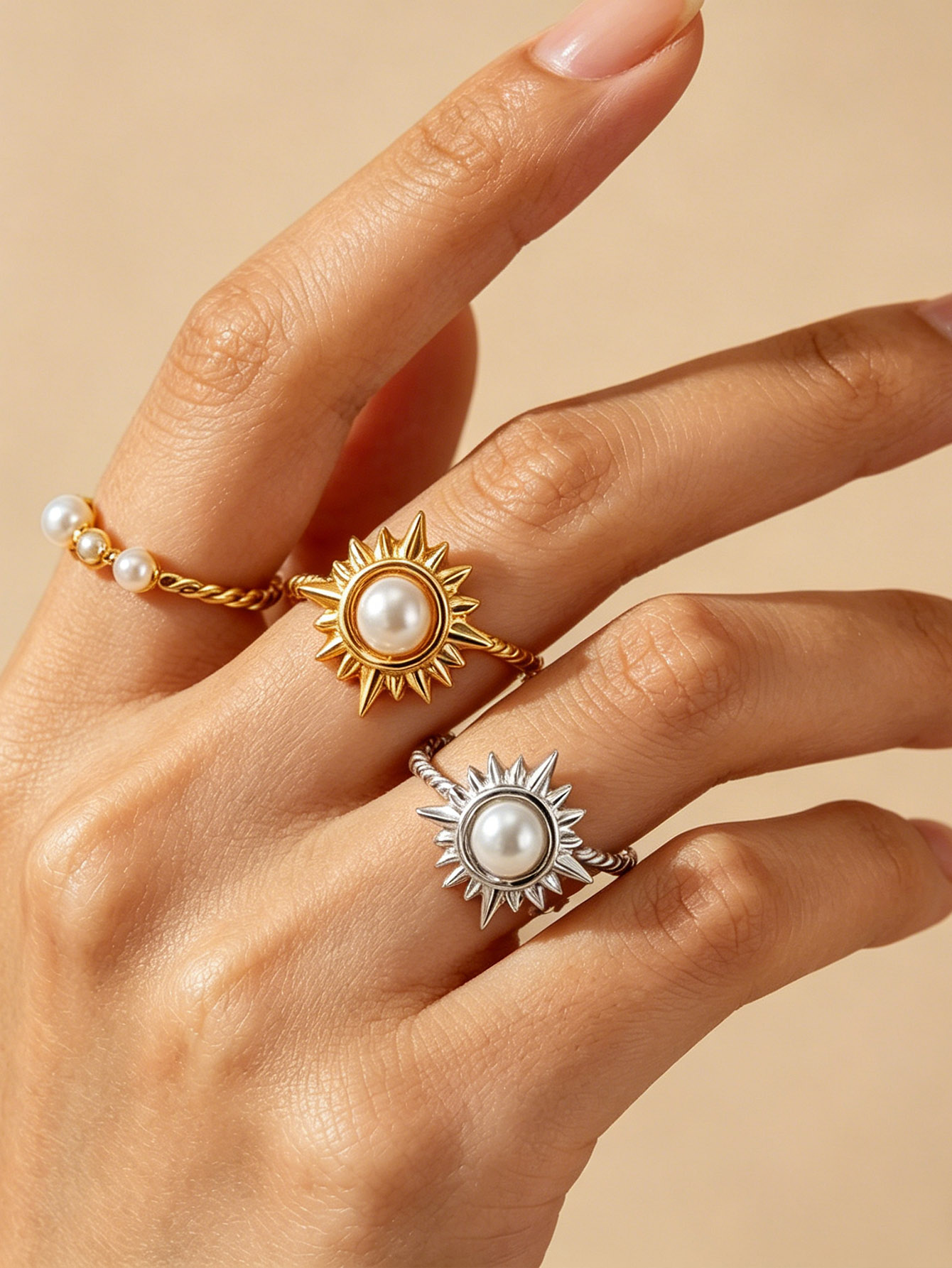 Exquisite Pearl Sun Open Ring For Women Adjustable Faux Pearl Stainless Steel Sun Ring Wedding Daily Jewelry Gif