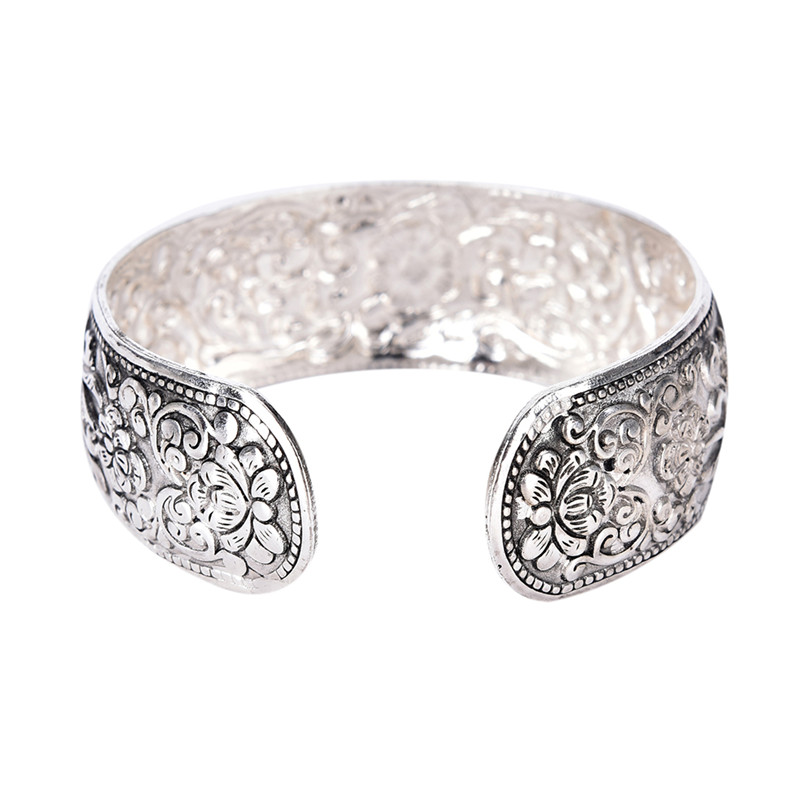 1pcs New Tibetan Silver Totem Bangle Carved Lucky Flower Bangle Cuff Bracelet Jewelry Decoration Parts