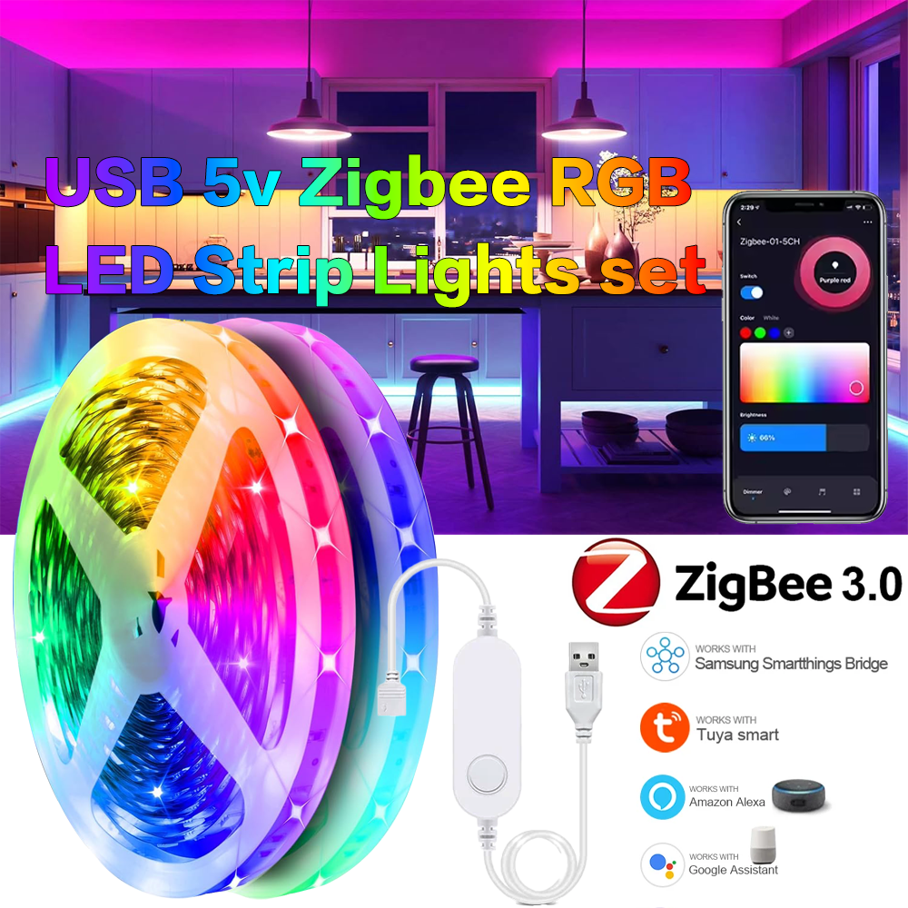 Zigbee 3.0 Neon LED Strip RGB Light USB 5V Tape Ribbon Dimmable Work With Tuya Smart Gateway Bridge SmartThings Alexa