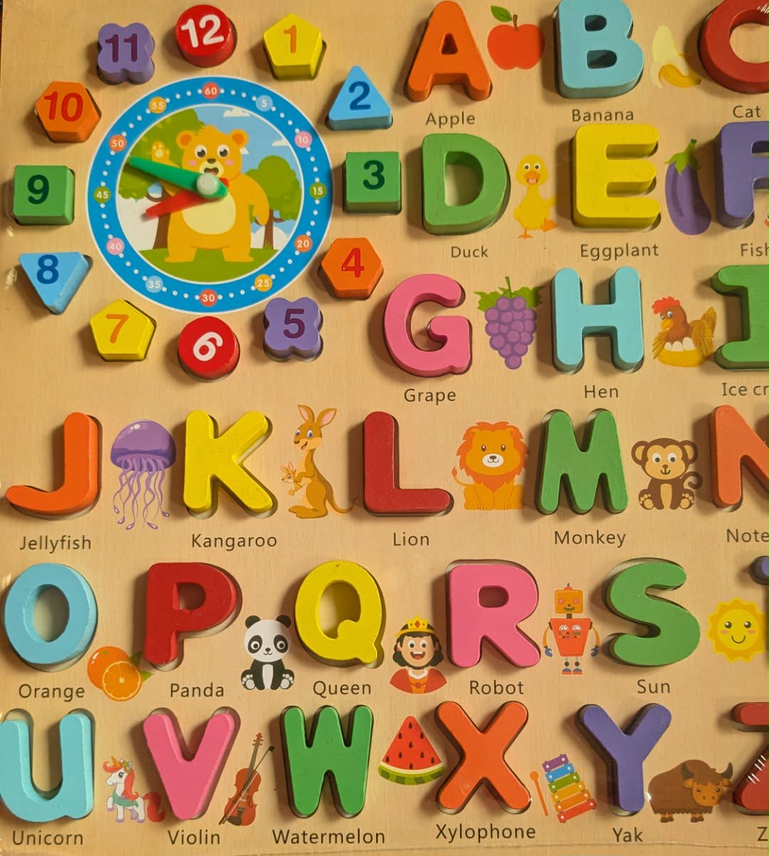 3D Wooden Capital Alphabet Puzzles with Animals and clock watch for Children - Montessori Education...