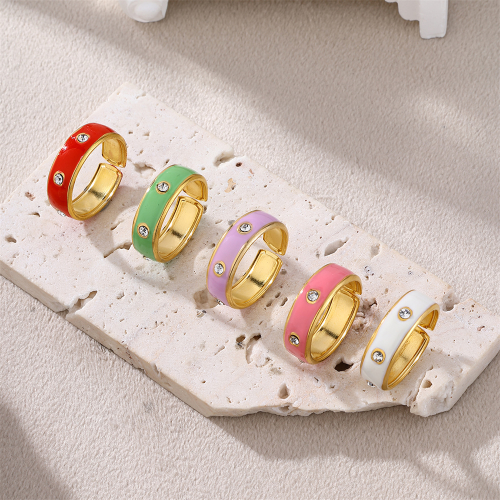 Kissmoon Trendy Enamel Exquisite Round With Zircon Stainless Steel Gold Color Open Rings for Women banquet Party Jewelry pen gpt