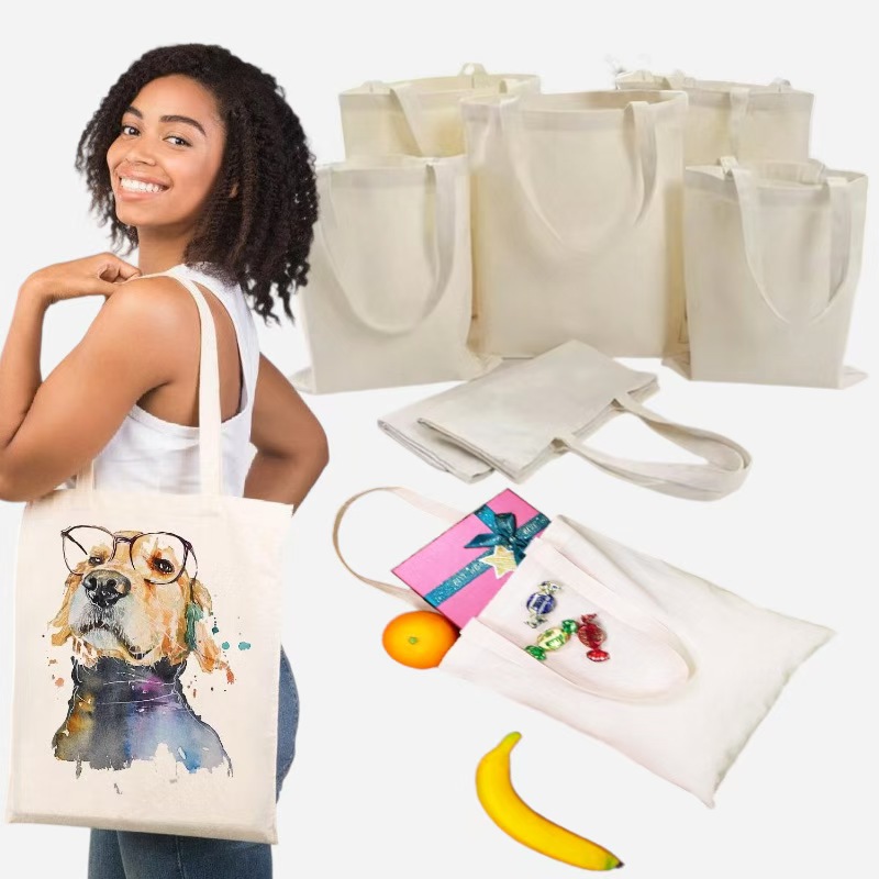 1/5Pcs Multi Sizes Large Capacity Beige Canvas Shoulder Tote Bag Folding Handbag Reusable DIY Shoulder Bag Shopping Bag
