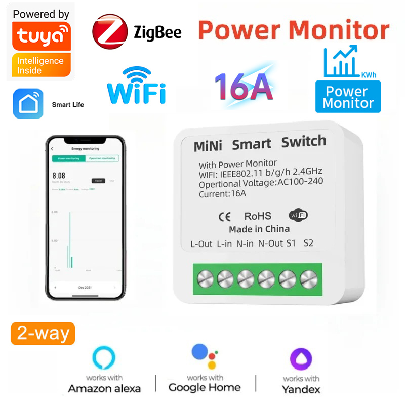 16A Tuya WiFi/zigbee 2-way Control with Power Monitor Mini Smart Switch Breaker Smart Life APP Control Alexa Via Home