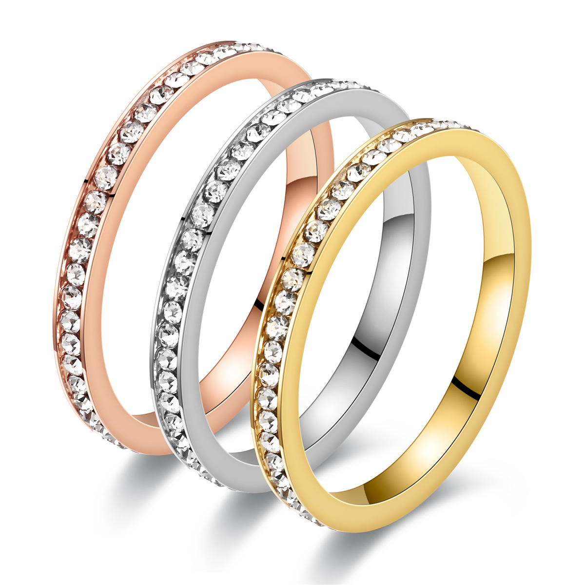 New Unisex 2mm Luxury Stainless Steel Men Women Statement Cubic Zircon Rings Gold Silver Color US Size 5 6 7 8 9 10 11