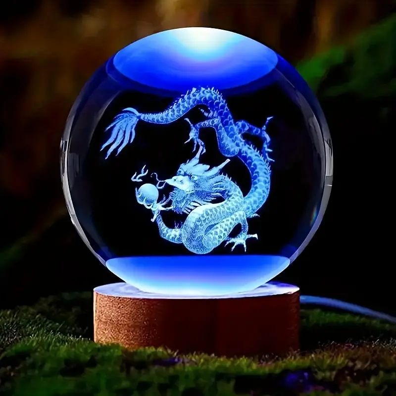 1pc 3D Carved Chinese Dragon Crystal Ball with Wooden Frame, Home Office Decoration, Birthday, Mother's Day, New Year