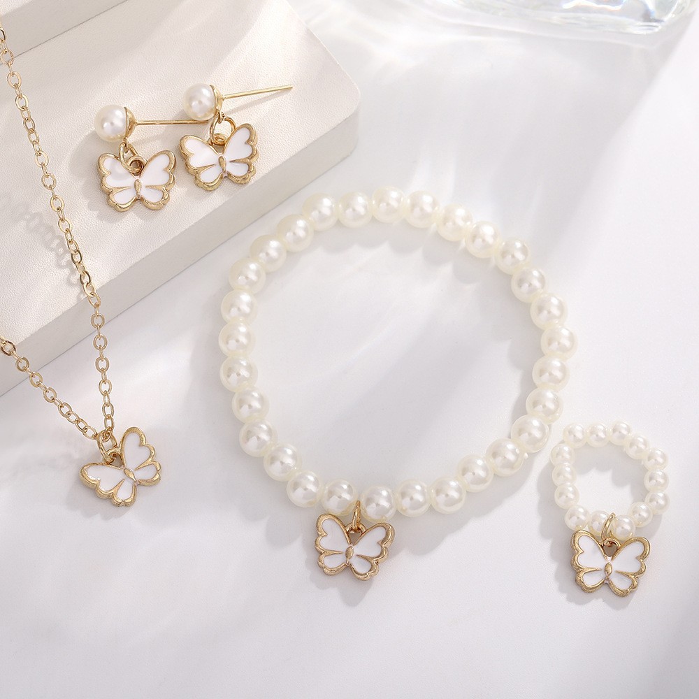 4 Set Butterfly Ring Pendant Necklace Bracelet Earrings Set for Women Girls Simulated Pearl Gold Jewelry Trendy Cute Sweet s