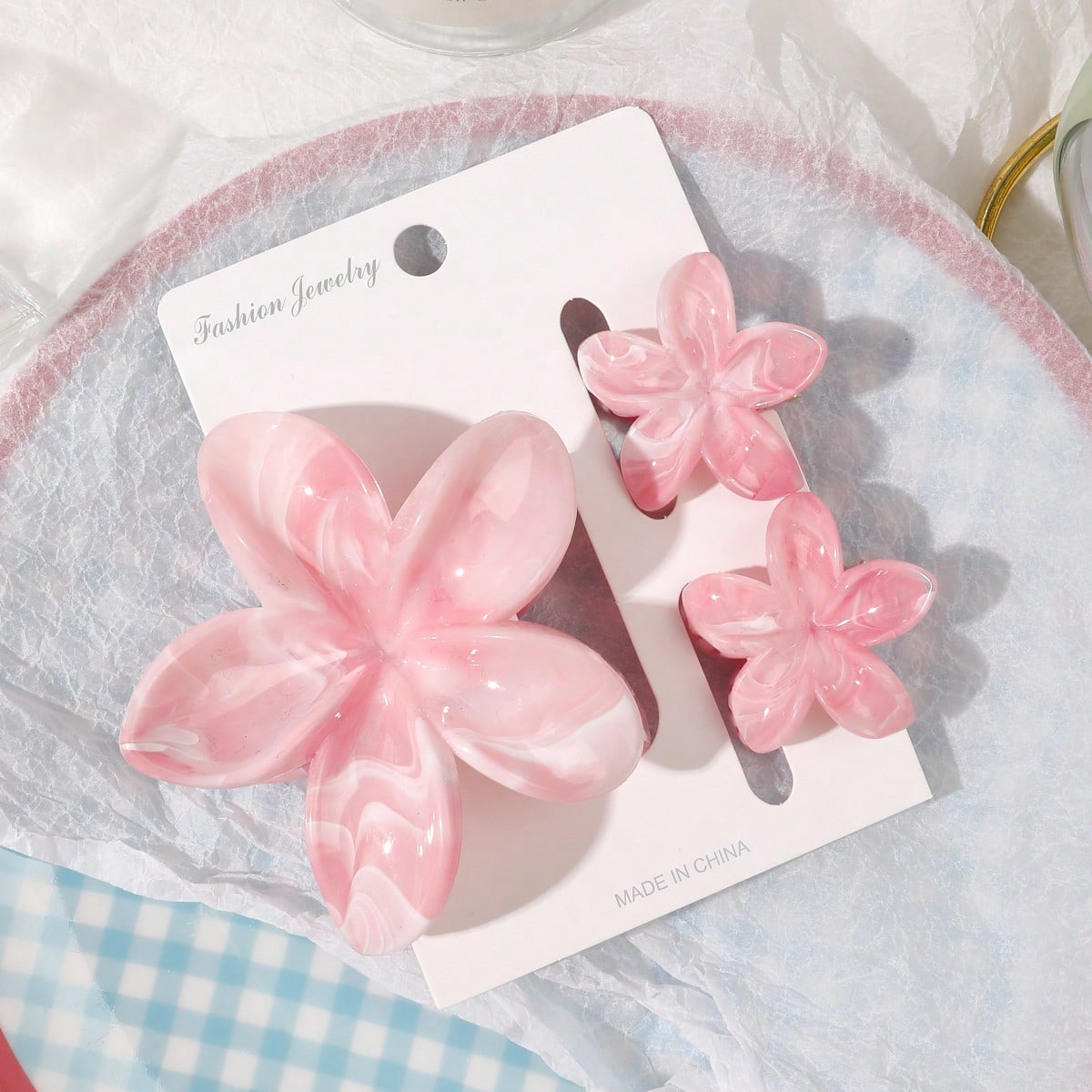 3Pcs Pink Flower Hair Claw Clips Hawaiian Hibiscus Shark Clip Cute Fashion Hair Accessories for Women And Girls
