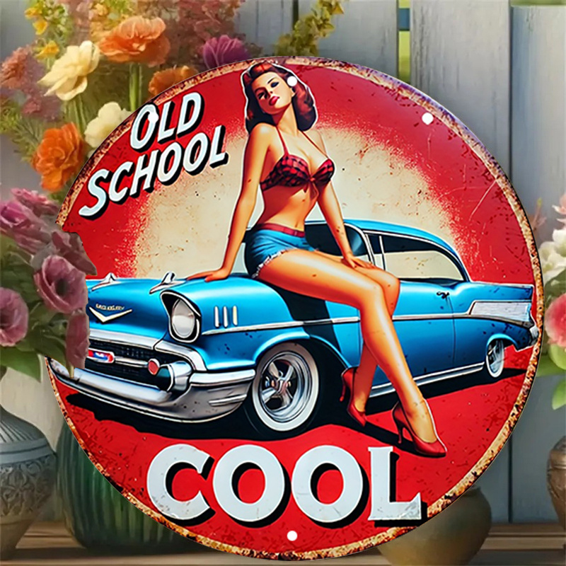 1pc Vintage Pin-Up Car & Cool Girl Round Aluminum Sign - Rustic Metal Wall Art with "OLD SCHOOL COOL" Design, Red Background & B