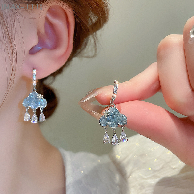 【F2-MAX111】Cute Blue Crystal Rain Cloud Drop Earrings - Aesthetic Kawaii Zircon Ear Buckle New Year Jewelry for Women
