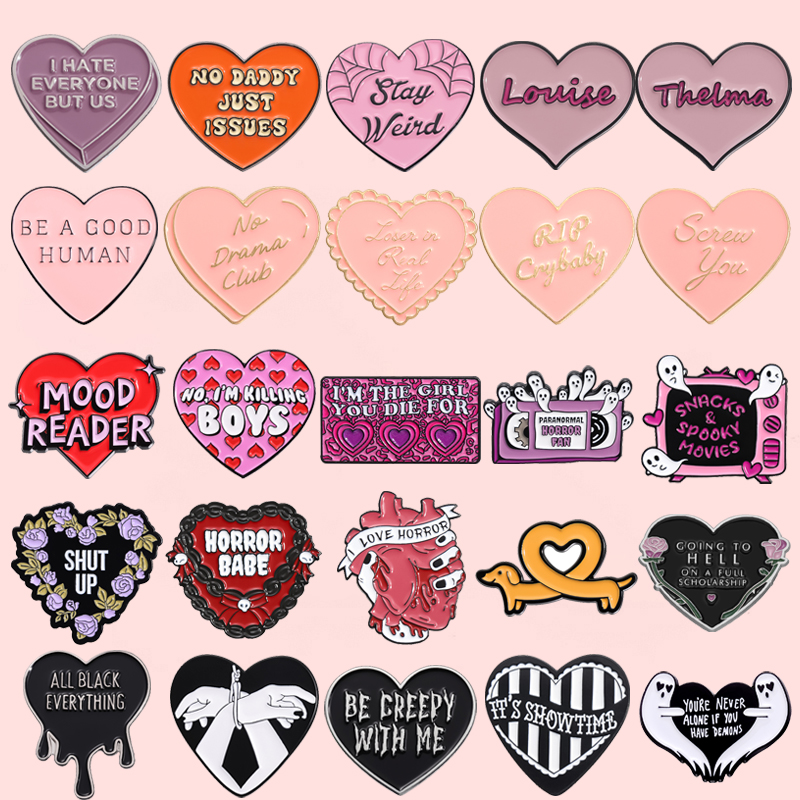 Pink Heart Brain Ghost Enamel Brooch Gothic Retro Radio And Television Badge Funny Classic Quotes Punk Lapel Pins Jewelry Gift