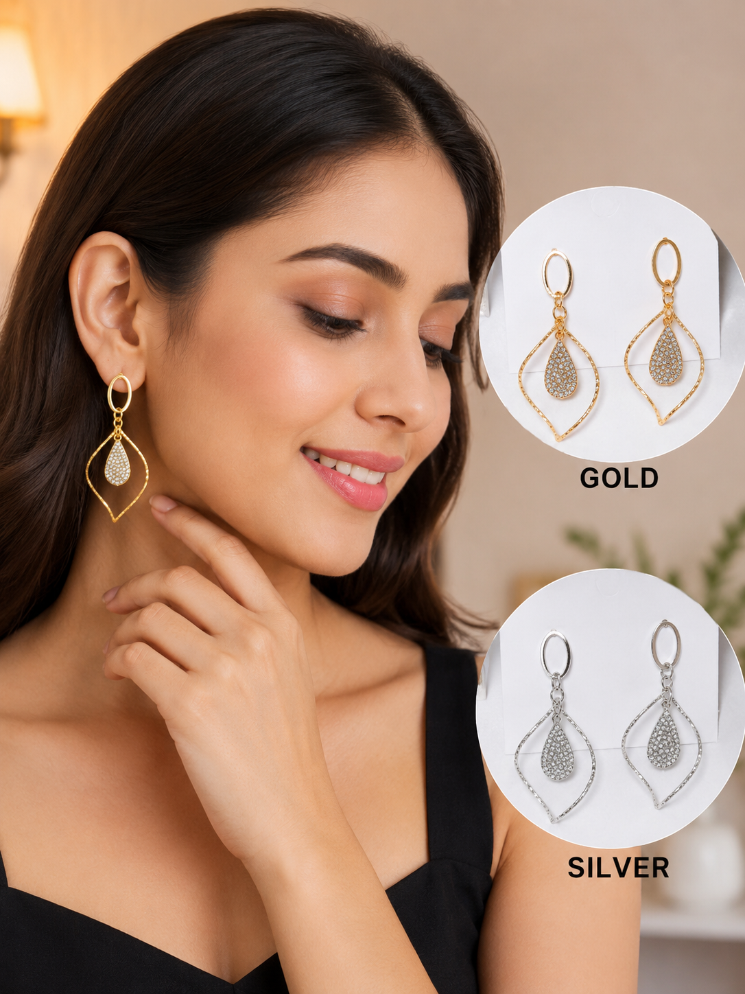 Women's Crystal Teardrop Leaf Dangle Earrings | Elegant Gold & Silver Plated Drop Earrings | Party, Wedding & Daily Wear