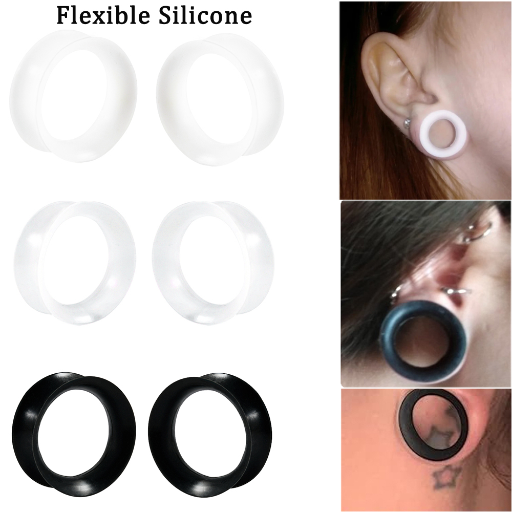 2PCS Flexible Soft Thin Silicone Ear Tunnel Earrings Expander Round Hollow Double Flare Ear Gauges Plug 3-25mm Simple For Unisex