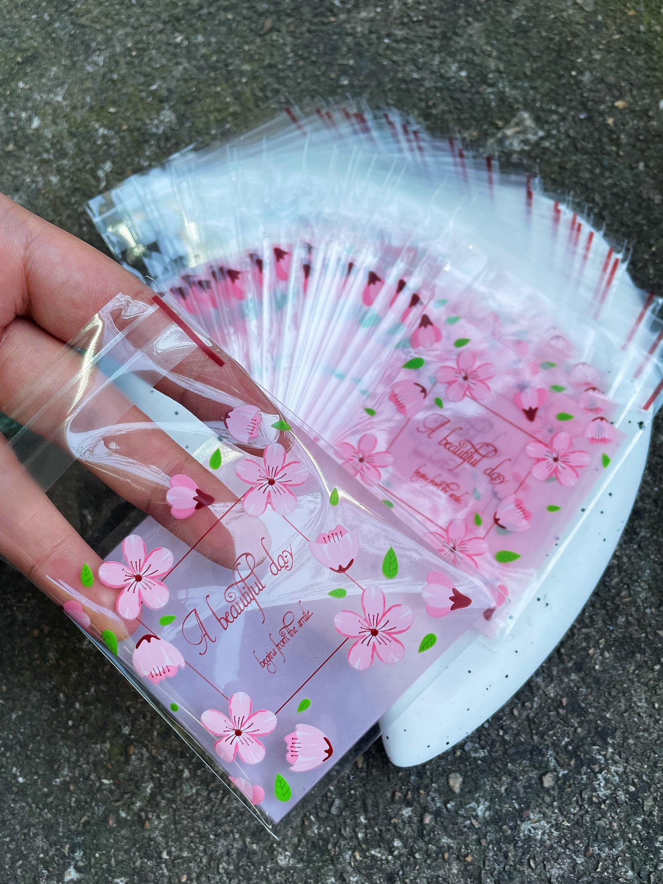 Pink Printed Opp Self-sealing Bag, Romantic Pink Floral Green Leaf Print Small Bags For Party Birthday Decoration