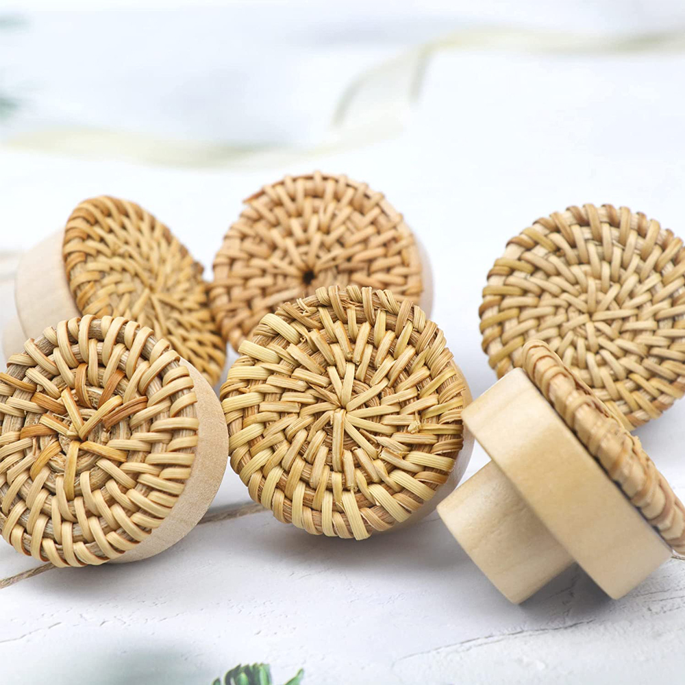 2pcs Solid Wooden Door Handle Circular Small Rattan Weaving Single Hole Cabinet Wardrobe Shoe Drawer Pulls Knobs for Furniture