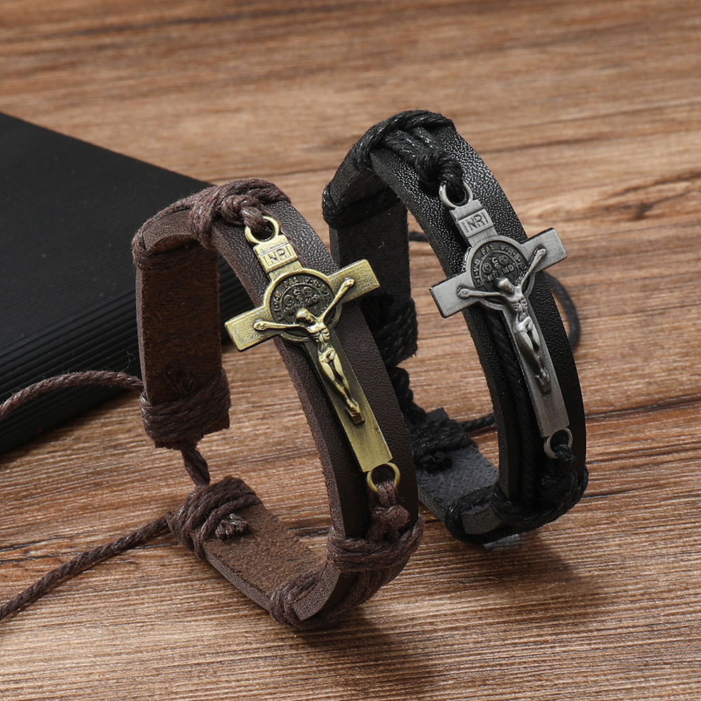 New Men's Bracelet Cross Shelf Retro Street Leather Bracelet Multi-Layer Weaving Bracelet Niche Design Versatile Charm Jewelry