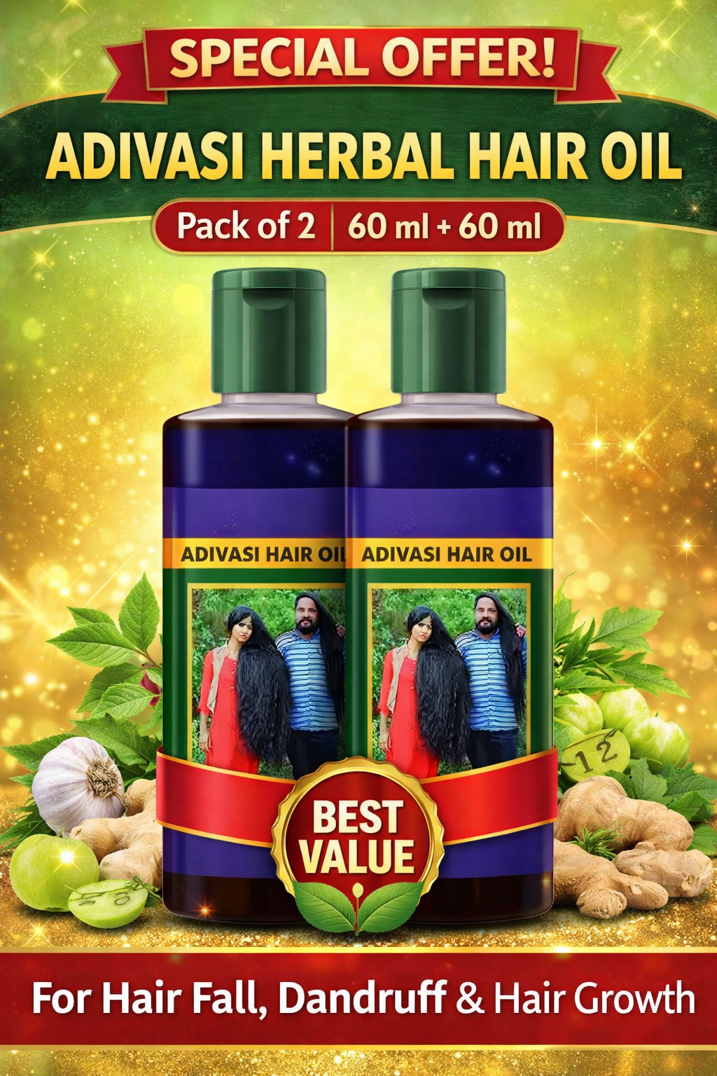 Adivasi Herbal Hair Oil Pack of 2 (60ml + 60ml) | Hair Fall Control, Dandruff Care, Strong & Healthy Hair | For Men & Women