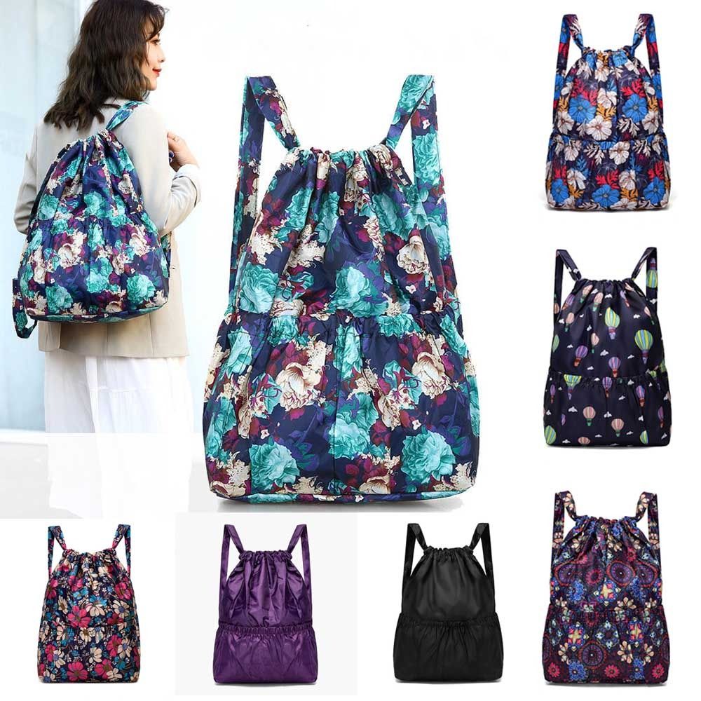 Floral Printed Drawstring Bag Polyester Large Capacity Portable Shopping Bag Lightweight Waterproof Travel Bag Teenage Girls