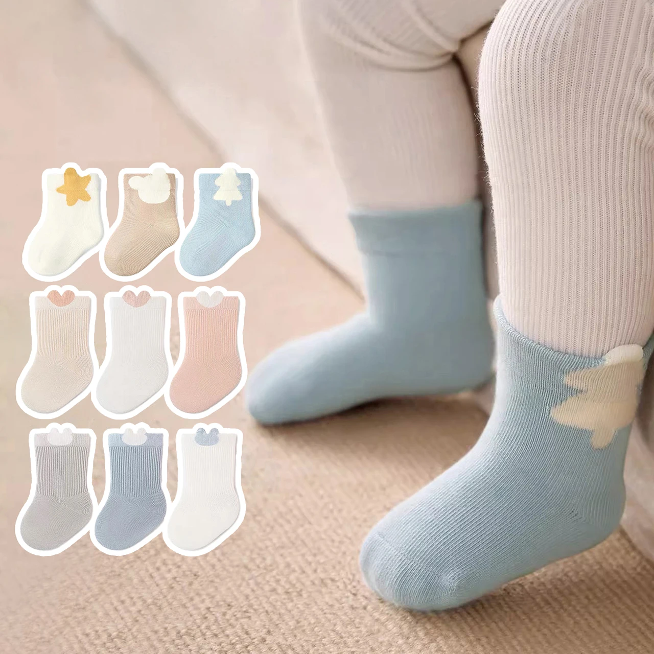 3Pairs Cute Baby Winter Socks Cartoon Newborn Mid Tube Socks Kids 0-4Years Warm Cotton Socks