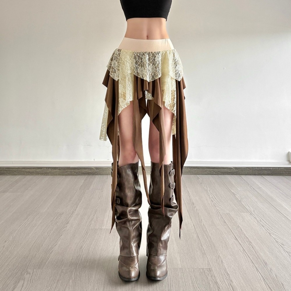 SylCue Contrast Patchwork Skirts Women High Waist Irregular Mesh Ribbon Street Fashion Sweet Style Elegant Skinny Mini Bottoms