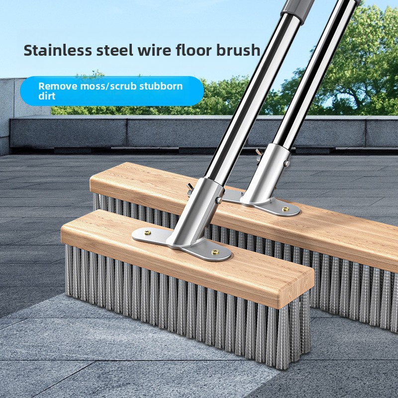 New Courtyard Stainless Steel Floor Brush, Steel Wire Brush, Long Handle, Pole Floor Brush, Cleaning Cement Floor, Washing