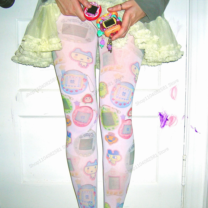Y2k Aesthetic Women's White Cute Cartoon Pattern Long Leg Socks Printed Kawaii Cute Socks Harajuku Grunge Women's Emo Girls