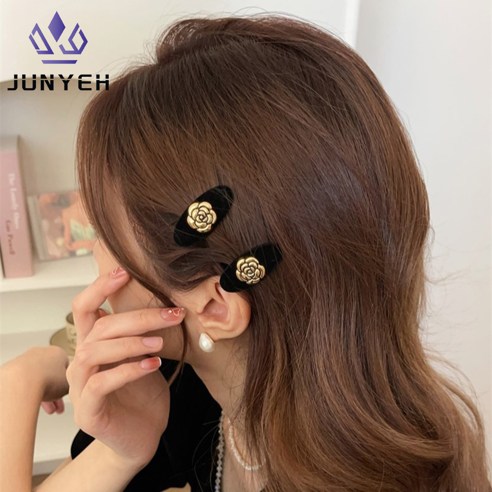 1 Pair Camellia Velvet Hairpin Side Clip Hepburn Style Duckbill Clip Small Bangs Clip Women's Hair Accessories Headdress