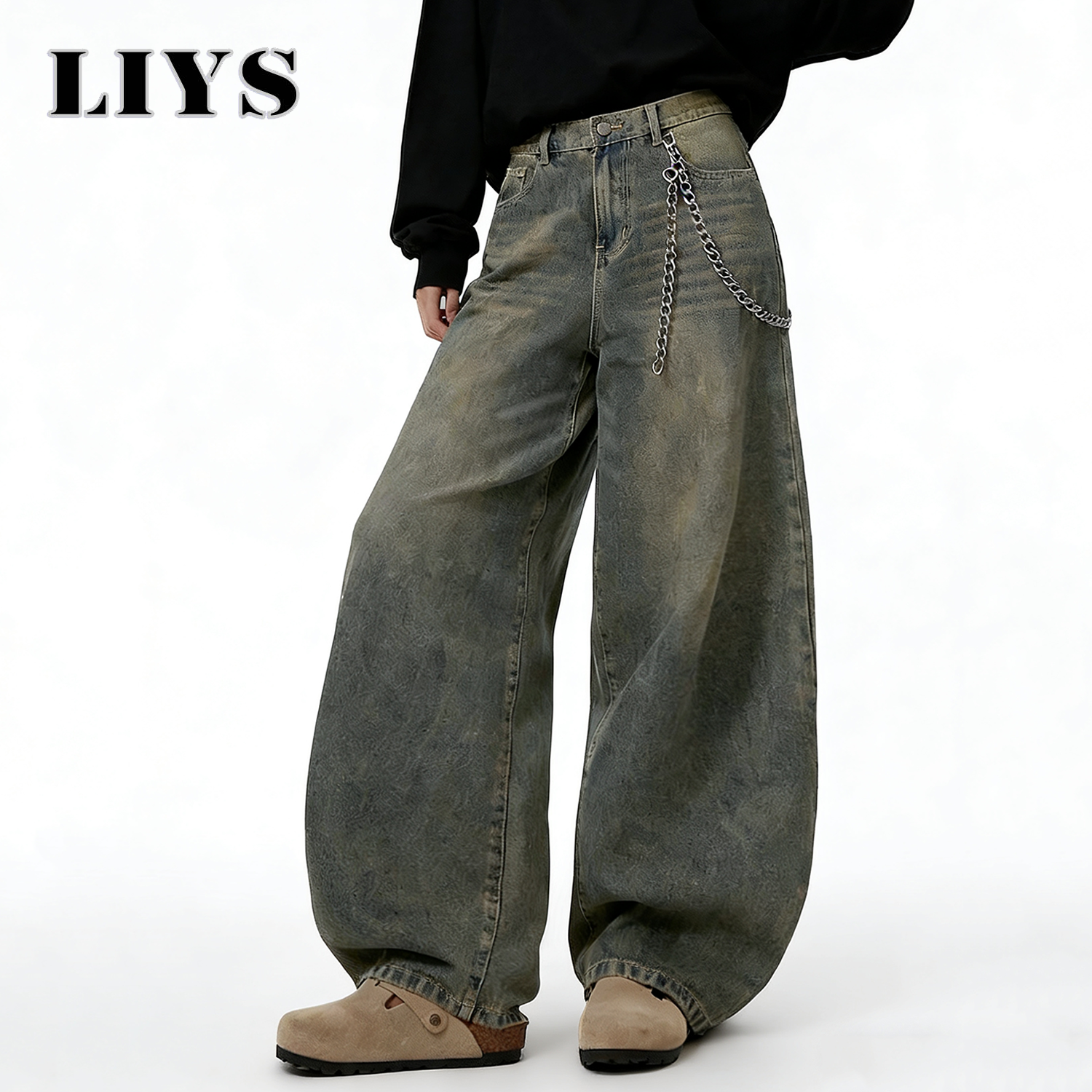 LIYS American Retro Baggy Wide Leg Jeans Men's Streetwear Distressed Y2K Clothing Casual Daily Four Seasons Denim Pants Unisex