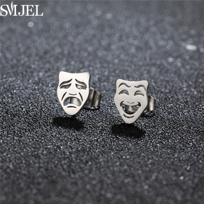 Funny Tragedy and Comedy Mask Stud Earrings for Women Men Stainless Steel Minimalist Theatre Face Earings Ear Piercing Jewelry