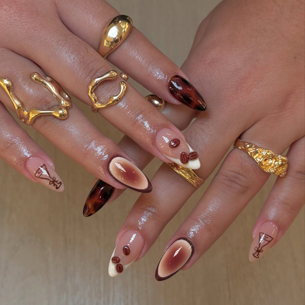 24pcs Brown French Fake Nail Art Long Almond Nails Set Press on Wearable Leopard Print Pattern False Nails Tip Finished Manicure